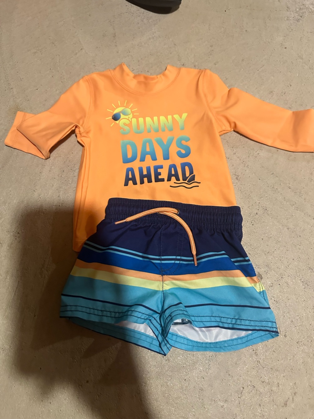 Carter's Orange Rash Guard with Navy & Blue Striped Swim Bottoms